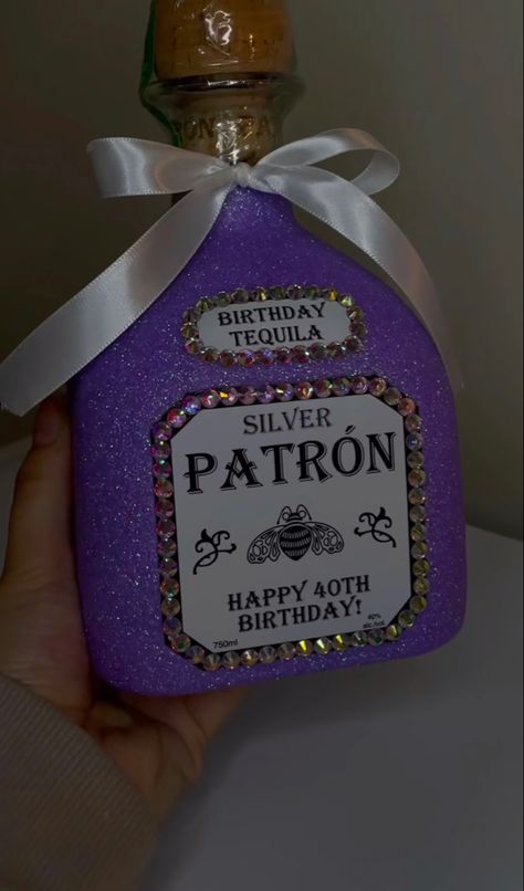 Patron Glitter Bottle, Patron Bottle Crafts Diy, Decorated Liquor Bottles Birthday, Custom Tequila Bottle, Decorated Patron Bottles, Badazzel Liquor Bottles, 21st Birthday Ideas Purple, Liquor Bottle Crafts Diy Ideas, Buzzballz Decorated