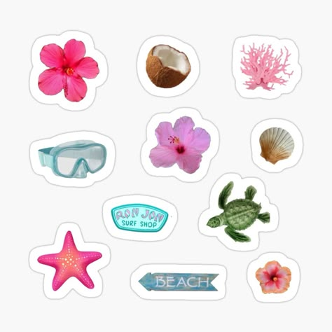 Get my art printed on awesome products. Support me at Redbubble #RBandME: https://www.redbubble.com/i/sticker/Beach-summer-coconut-girl-sticker-pack-set-by-ElixerStudios/160587832.EJUG5?asc=u Beachy Stickers Printable, Preppy Summer Stickers, Cute Beach Stickers, Things To Put Stickers On Ideas, Beach Aesthetic Stickers, Summer Sticker Ideas, Summer Scrapbook Stickers, Cute Stickers Pack, Beach Stickers Aesthetic