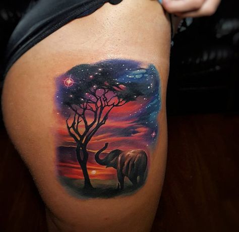 Beautiful Sunset with an Elephant & Tree | Best tattoo ideas & designs Africa Tattoo, Beach Inspired Tattoos, Beach Tattoo Ideas, Sunset Tattoo, Africa Tattoos, Sunset Tattoos, Elephant Tattoo Design, Galaxy Tattoo, Simple Sketch