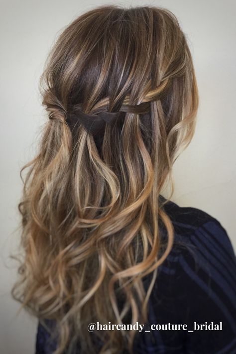 Waterfall braid, half up style, wedding hair Straight Hair Waterfall Braid, Curled Hair With Waterfall Braid, Waterfall Braid Bridal Hair, Wedding Hairstyles Waterfall Braid, Curled Hair With Braid Half Up, Half Up Half Down Hair Waterfall Braid, Waterfall Braid Front View, Wedding Waterfall Braid, Waterfall Braid Bridesmaid