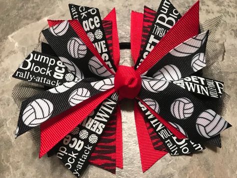 Volleyball Ribbon, Volleyball Hair Bows, Black Volleyball, Sports Hair Bows, Volleyball Bows, Ponytail Bow, Two Color Hair, Volleyball Hair, Ribbon Streamers