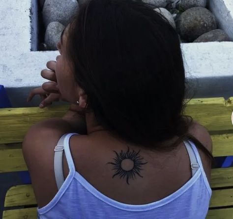 Upper Back Women Tattoo, Sun Of May Tattoo, Upper Back Sun Tattoo, Tramp Stand Tattoo Ideas, Sun On Back Tattoo, Sun Back Tattoo Women, Back Tattoos Upper, Back Tattoo Upper, Fitness Tattoo Ideas