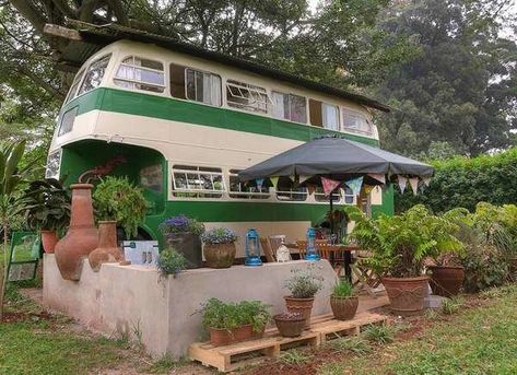 The Brandy Bus in Nairobi, Kenya Living In A Double Decker Bus, Converted Double Decker Bus, Double Decker Bus Home, Double Decker Bus Renovation, Double Decker Bus House, Double Decker Bus Conversion, Renovated Bus, Bus Restaurant, Bus Remodel