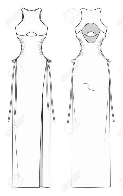 Women Long Dress technical drawing template. Girl Cutouts Dress fashion flat sketch template. Cutouts Dress with long ties. Jersey dress design template. Technical Illustration Fashion, Fashion Design Technical Drawing, Flat Pattern Fashion Technical Drawings, Digital Clothing Design, Sketch Clothes Design, Fashion Illustration Template Women, Dress Technical Flat, Technical Drawing Fashion Dress, Clothes Design Sketches Women