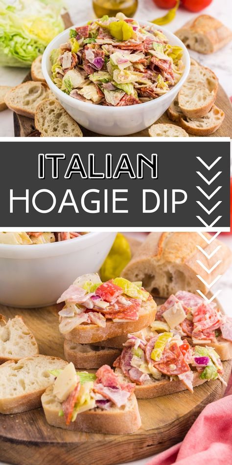 Italian Hoagie Dip tastes just like the original sandwich but this time the filling is served with baguette slices or your favorite crackers! via @familyfresh Recipes With Baquettes, Philly Hoagie Dip, Italian Hoagie Dip Recipe, Italian Sub Dip Recipe, Antipasto Sandwiches, Italian Sub Dip, Antipasto Dip, Italian Hoagie Salad, Hoagie Dip Recipe