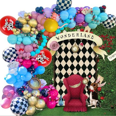 Alice Wonderland Party, Birthday Background Decoration, Mad Hatter Birthday Party, Wonderland Party Decorations, Alice In Wonderland Decorations, Alice In Wonderland Tea Party Birthday, Decoration Balloon, Alice Tea Party, Mad Hatter Party