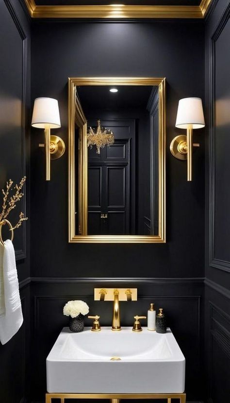 half bathroom gold and black bathroom half tiles half paint black half tiled bathroom black black marble half bathroom black half bathroom wallpaper half bathroom ideas black and white tile half bathroom black ceiling dark green and black half bathroom half bathroom ideas with black floors small black and gold half bathroom half painted wall bathroom black half tiled bathroom walls black Black And Gold Downstairs Toilet, Small Black Powder Room Ideas, Small Glam Bathroom Ideas, Cloakroom Bathroom Ideas, Moody Grey Bathroom, Dark Moody Small Bathroom, Dark Bathroom Paint Ideas, Dark Downstairs Toilet, Dark Wc