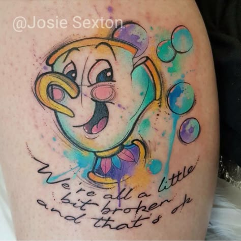 Chip Tattoo, The Beast Tattoo, Disney Stitch Tattoo, Disney Inspired Tattoos, Beast Tattoo, Disney Sleeve Tattoos, Disney Watercolor, Beauty And The Beast Tattoo, Watercolour Tattoos