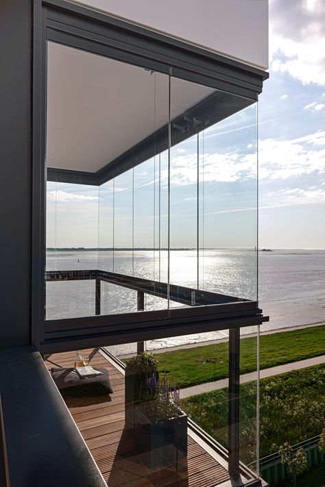 Enclosed Balcony Ideas, Balcony Enclosure, Glass Balcony Ideas, Glass Balcony Railing, Enclosed Balcony, Balcony Glass Design, Condo Balcony, Terrasse Design, Glass Balcony