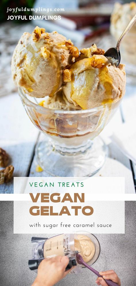 Vegan Gelato With Date Caramel Vegan Gelato Recipe, Italian Gelato Recipe, Creme Brulee Ice Cream, Vegan Creme Brulee, Vegan Frozen Dessert, Salted Caramel Gelato, Dumplings Recipes, Vegan Gelato, Sugar Free Caramel