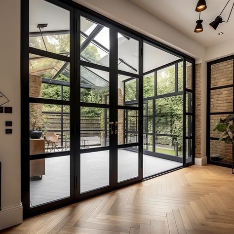 An internal aluminum black steel look set of doors. They lead into a conservatory which also has the same door style and windows leading to the outdoor garden. Large Aluminium Windows, Black Balcony Doors, Black Aluminium Doors, Black Aluminium Windows, Black Sliding Doors Patio, Steel Patio Doors, Aluminium Patio Doors, Aluminium Glass Door, Aluminium French Doors