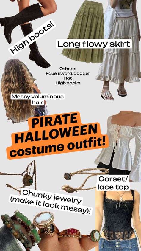 Halloween costume ideas pirate, cute Halloween costumes for girls, Halloween ideas inspo, pirate costume cute and simple inspiration #halloweencostume #piratecostume #halloween Halloween Costume Ideas Pirate, Costume Ideas Pirate, Pirate Girl Costume, Pirate Halloween Costumes, Long Flowy Skirt, Pirate Outfit, Pirate Fashion, Pirate Halloween, Halloween Costume Outfits