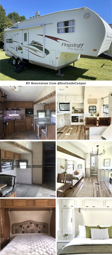 You\'ll want to make this renovated fifth wheel your adventure home (and you can!) Rv Remodel Fifth Wheel, Remodel Fifth Wheel Rv Interior, Forest River Sierra Fifth Wheel Remodel, Remodeling A Fifth Wheel Camper, Remodeled Fifth Wheel Camper, Small Fifth Wheel Remodel, Rv Fifth Wheel Makeover, Old Fifth Wheel Remodel, Fifth Wheel Makeover