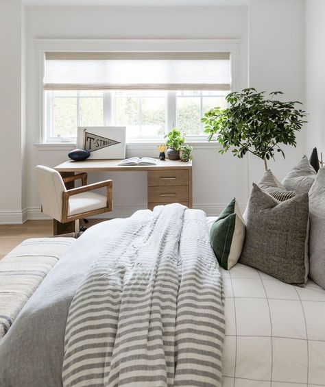 Pure Salt Interiors on Instagram: “This boy's room at our #westLAproject feels both youthful and mature—the perfect space for this little guy to grow into a young adult! Our…” Gray Striped Bedding, Bedding Accents, Gray Pillows, Vintage Wooden Desk, Pure Salt Interiors, Stripe Bedding, Teen Boy Room, Pure Salt, Teen Boy Bedroom