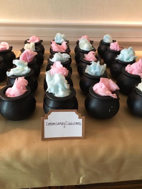 Halloween Gender Reveal Dessert, Halloween Gender Reveal Snack Ideas, Fall Gender Reveal Party Favors, Couldren Gender Reveal, Halloween Gender Reveal Party Favors, Harry Potter Cotton Candy, Witch Will It Be Gender Reveal, Spooky Cotton Candy, Hocus Pocus Gender Reveal Cake