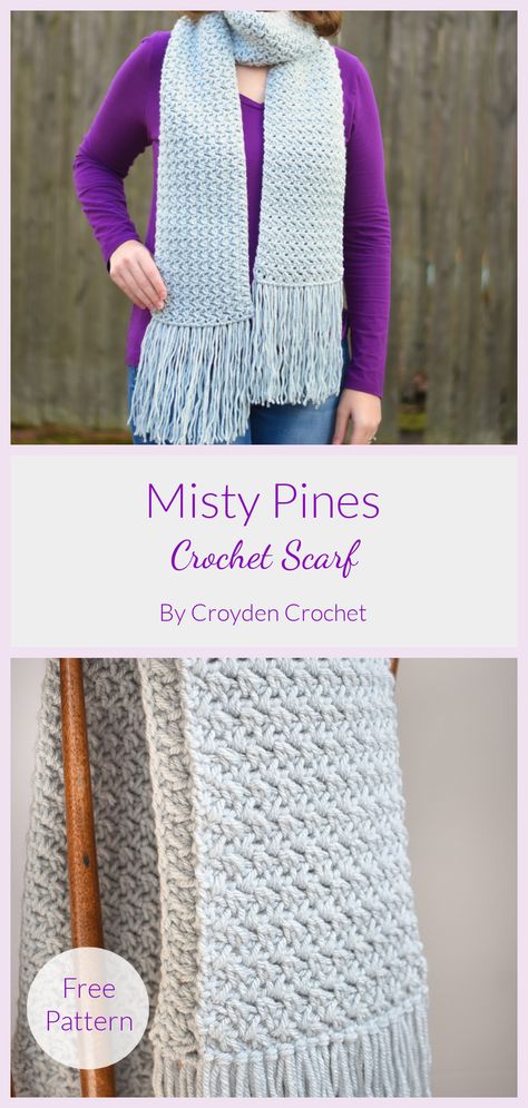 Misty Pines Crochet Scarf Pattern Crochet Scarf Boho Style, Crochet Scarf Thick Yarn, Modern Crochet Scarf Pattern, Crochet Bulky Scarf Pattern Free, 2 Color Crochet Scarf Pattern Free, Wide Scarf Crochet Pattern, Crochet Scarf Tutorial Videos, Crochet Scarf Pattern Free Easy Winter, Hat And Scarf Crochet Pattern Free