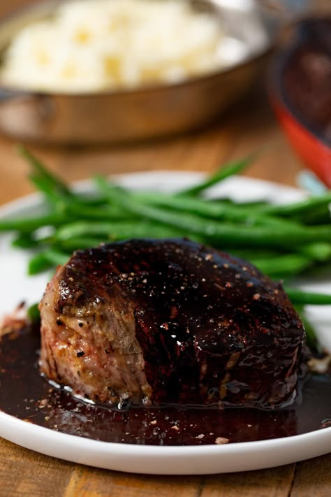 Filet Mignon with Red Wine Reduction is a tender, mouthwatering recipe that's cooked in the oven in under 10 minutes and perfect for any special occasion. #dinner #filetmignon #redwine #winesauce #steak #dinnerthendessert Demi Glaze Recipe, Filet Mignon Sauce, Red Wine Reduction Sauce, Wine Steak, Red Wine Reduction, Beef Tenderloin Recipes, Filet Mignon Recipes