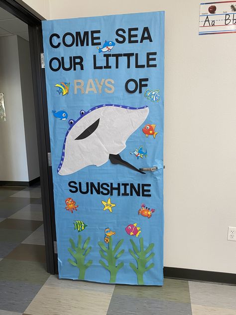 Under The Sea Eyfs Display, Sea Themed Classroom Door, Beach Classroom Door Ideas, Seahorse Bulletin Board Ideas, Ocean Themed Door Decorations, Sea Door Decorations Classroom, Under The Sea Door Decor, Beach Theme Classroom Decorations, Ocean Classroom Door Ideas