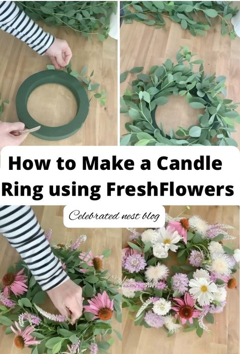 Floral Wreath Wedding Centerpiece, Floral Wreath Table Centerpieces, Fresh Flower Wreath Diy, Greenery Ring Centerpiece, Candle Ring Centerpiece, Diy Flower Ring Centerpiece, Floral Foam Ring Centerpiece, Ring Floral Centerpiece, Floral Candle Rings Centerpieces