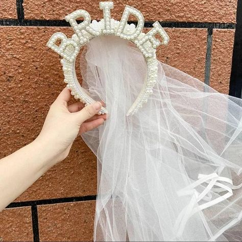 Bachelorette Headband, Party Veil, Headband Veil, Rehearsal Dinner Decorations, Pearl Crown, Pearl Bride, Bride Crown, Bride Veil, Bride Headband