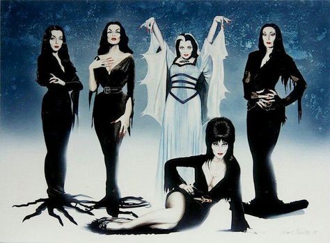 Elvira Morticia Vampira Lily Munster Film Posters, Halloween, Happy Halloween, Classic Horror, Trick Or Treat, Lily, Take That, Black And White, Movie Posters