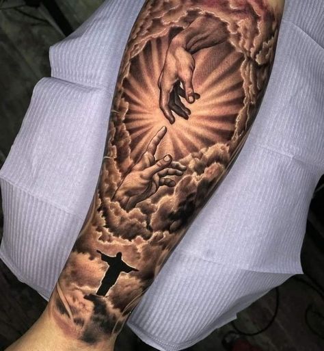 Christian Shin Tattoo, Knee Cap Tattoo Men, Small Hand Tattoos For Guys, Cloud Tattoo Sleeve, Arm Tattoos For Guys Forearm, Tattoos Drawing, Half Sleeve Tattoos Forearm, Christian Sleeve Tattoo, Cross Tattoo For Men