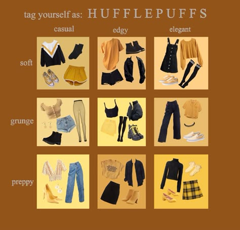 Hogwarts Fashion Inspired Outfits, Hogwarts Houses Inspired Outfits, Harry Potter Clothes Hufflepuff, Harry Potter House Outfits Hufflepuff, Hogwarts House Inspired Outfits, Wizarding World Aesthetic Outfits, Modern Hufflepuff Outfits, Hogwarts Fashion Aesthetic, Hufflepuff Clothes Aesthetic