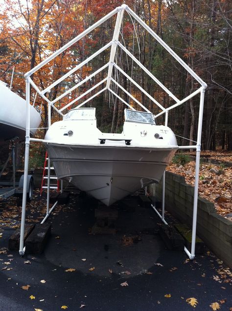 Diy Boat Cover, Boat Cover Support Ideas, Boat Cover Support, Boat Diy, Boat Storage, Diy Boat, Boat Ideas, Boat Lift, Overhead Storage