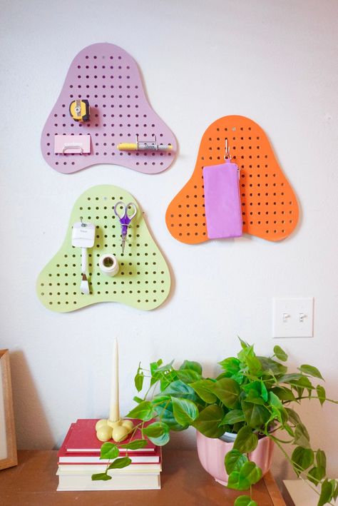 Funky Home Office Decor, Funky Office Space, Peg Board Tools, Retro Home Aesthetic, Funky Office Design, Peg Board Organization, Creative Workspace Inspiration, Painted Pegboard, Peg Board Walls