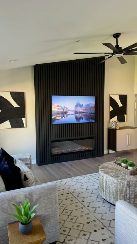 Accent Wall Designs - Chris | Putting the finishing touches on this media wall. Installing the TV, fireplace, and mantel. Who wants one? 🤙 . DM for a Quote (AZ Only) .... | Instagram Tv Wall Ideas Slanted Ceiling, Media Wall With Mirror, Electric Fireplace Accent Wall Ideas, Fireplace Wall Paneling, Wood Panelling Fireplace Wall, Tv Room Wall Ideas, Built In Tv Fireplace Wall, Simple Media Wall Design, Living Room Accent Wall Ideas With Tv And Fireplace