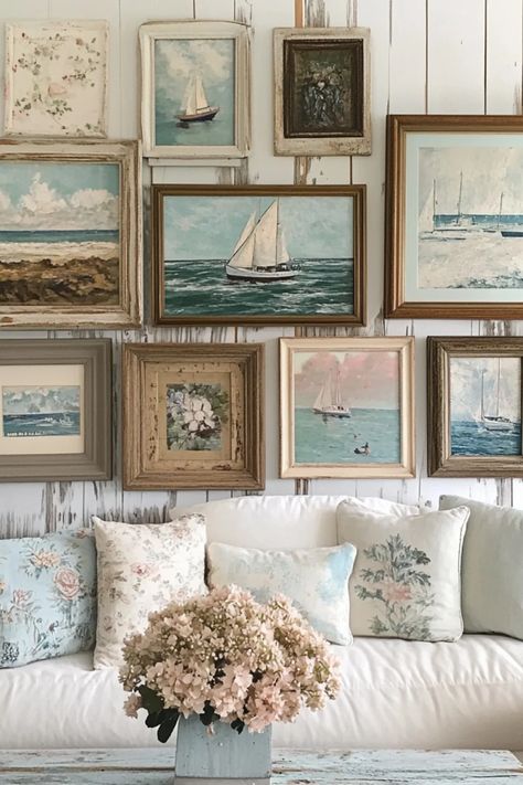 This pin showcases creative vintage coastal gallery wall ideas featuring beach-themed artwork and frames perfect for a home makeover. It utilizes 1 image that inspires a beachy and relaxing decor style. Gallery Wall Lake House, Coastal Eclectic Decor, Vintage Coastal Aesthetic, Vintage Florida Decor, Vintage Beach Cottage, Vintage Beach House Decor, Beachy Artwork, Nautical Gallery Wall, Seaside Cottage Decor