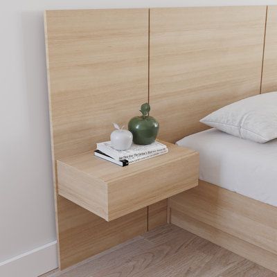 Elevate Your Bed with Functional and Stylish Headboard Extensions panels featuring Integrated Drawers. It will enhance your bedroom's organization with convenient storage for bedside essentials, all while adding a touch of wow factor. | Latitude Run® Floating Nightstand Extension Panel Brown 42.0 x 20.0 x 14.25 in, Manufactured Wood | C110842424_774940494 | Wayfair Canada Bed With Attached Nightstands, Modern Headboards For Beds Wood, Bed With Integrated Nightstands, Beige And Wood Bedroom, Floating Bed With Storage, Modern Headboard Design, Headboard With Floating Nightstands, Fine Woodworking Furniture, Bed Drawer