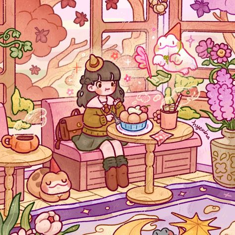 This witchy forggy cafe opens until 31st October. Sign up for this month's art mail before the month is over.🍂🍁 And you will able to… | Instagram Cafe Illustration Drawing, October Sign, The Able Sisters, Cafe Illustration, Cozy Cartoon, Sketchbook Spreads, Cozy Art, Procreate Tutorials, Princess Vibes