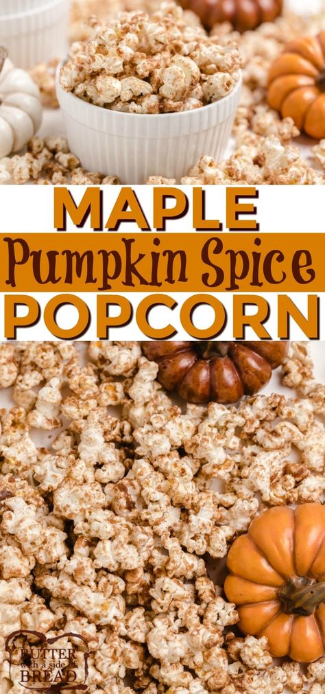 Maple Pumpkin Spice Popcorn is a little bit like caramel popcorn, but full of fall flavors. Made with brown sugar, maple syrup, pumpkin pie spice and butter - only 4 ingredients needed to make absolutely delicious popcorn! Pumpkin Popcorn Balls, Popcorn Recipes Sweet, Spiced Popcorn, Popcorn Recipes Caramel, Healthy Popcorn, Sweet Popcorn, Bake Sale Recipes, Maple Pumpkin, Popcorn Snacks