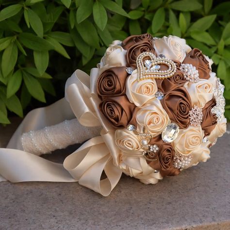 Bling Custom Silk wedding bouquets crystal bridal wedding bouquets for Bride Brown Wedding Themes, Bouquets For Wedding, Prom Bouquet, Artificial Wedding Bouquets, Crystal Bouquet, Bridal Brooch, Bridal Brooch Bouquet, Silk Wedding Bouquets, Ribbon Bouquet