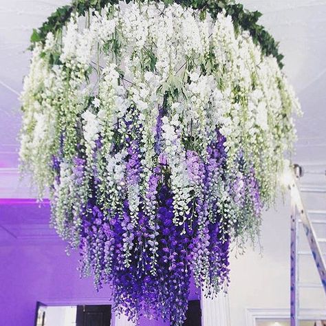 Wisteria buds are out so soon you can create a wisteria waterfall chandelier like this one by @allforlovelondon #wisteria #spring… Flower Chandeliers, Wisteria Wedding, Fun Wedding Decor, Wedding Chandelier, Flower Chandelier, Mehndi Decor, Floral Chandelier, Hanging Garland, Wedding Flowers Summer