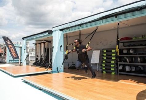 Shipping Container Home Office, Shipping Container Home Gym, Shipping Container Yoga Studio, Storage Container Gym, Shipping Container Gym Ideas, Shipping Container Gym, Container Gym, Container Park, Football Factory