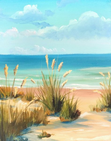 Ocean Painting Acrylic Beach Scenes, Painted Beach Scenes, Beach Scene Drawing, Painting Beach Scenes, Peaceful Paintings, Beach Paintings On Canvas, Beach Landscapes, Painting On Canvas For Beginners, A Beach Scene