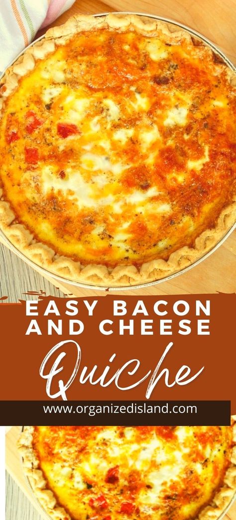 Easy Bacon Cheese Quiche Recipe - Organized Island Homestyle Bacon And Cheese Quiche, Quiche Bacon Cheese, Crustless Quiche Recipes Bacon, Bacon Cheeseburger Quiche, Quiche Recipes With Bacon, Bacon Tomato Quiche, Easy Bacon Cheese Quiche, Bacon And Cheese Quiche With Heavy Cream, Four Cheese Quiche