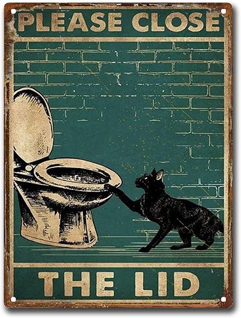 Amazon.com: SKIYGTH Tin Sign Black Cat Please Close The Lid Bathroom Restroom Retro Tin Signs Vintage Signs 12x16inch : Home & Kitchen Vintage Kitchen Signs, Retro Tin Signs, Fashion Funny, Bathroom Sign, Expressive Fashion, Unique Poster, Canvas Easy, Bathroom Signs, Bar Restaurant