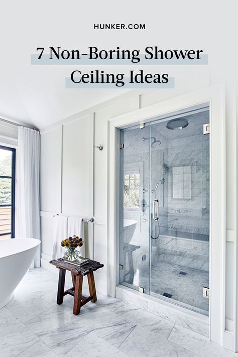 To help bring your style to new heights, check out seven shower ceiling ideas that make you want to look up. #hunkerhome #bathroom #shower #ceilingideas #bathroomideas Tiles On Ceiling Bathroom, Shower With Ceiling Tile, Shower High Ceiling, Bathroom Shower Ceiling Tile Ideas, Bathroom Shower Ceiling Ideas, Tile Shower Ceiling Ideas, Tall Ceiling Bathroom Ideas, Tiling Shower Ceiling, Shower With Tiled Ceiling