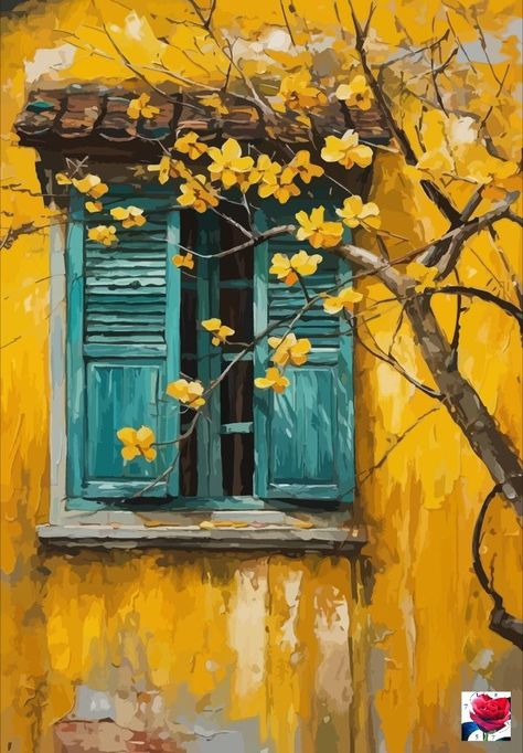 Window Paintings On Canvas, Abstract Window Painting, Simple Oil Painting Ideas, Nostalgia Painting, Canvas Art Projects, Tableau Art, Window Art, Window Painting, Romantic Art