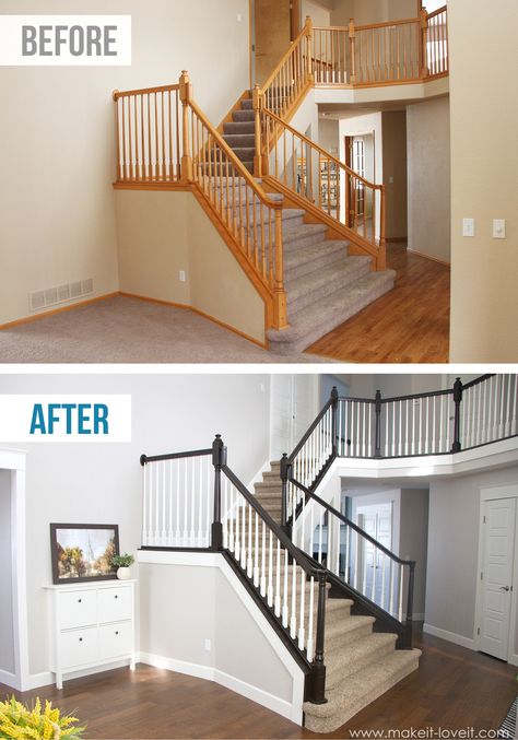 DIY: How to Stain and Paint an OAK Banister, Spindles, and Newel Posts (the shortcut method...no sanding needed!) |via Make It and Love It Paint Stained Wood, Oak Banister, Wood Railings For Stairs, Diy Stair Railing, Stairs Makeover, Staircase Remodel, Staircase Makeover, Diy Stairs, Wooden Stairs