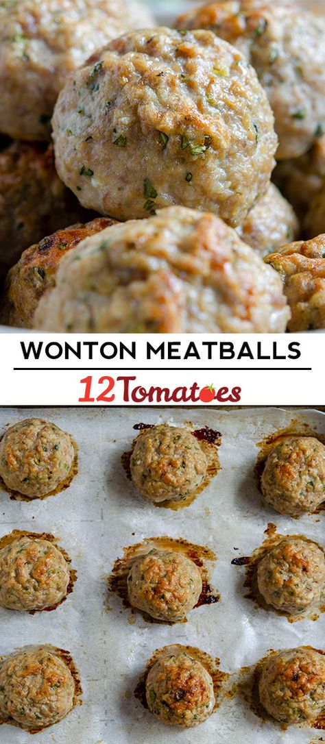 Wonton Meatballs, Meat Appetizers, 12 Tomatoes, Wontons, Asian Cooking, Meatball Recipes, Asian Dishes, Turkey Recipes, Meatloaf