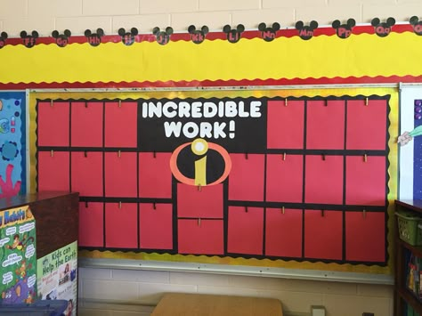 Incredibles Student Work Bulletin Board & Disney Word Wall Student Work Bulletin Board, Disney Bulletin Boards, Disney Theme Classroom, Disney Classroom Ideas, Disney Classroom Theme, Work Bulletin Board, Disney Themed Classroom, Superhero Classroom Theme, Disney Word