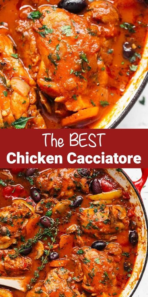 Chicken Cacciatore Recipe - The BEST Chicken Cacciatore in a rich and rustic sauce with chicken falling off the bone is simple Italian comfort food at its best! Authentic Chicken Cacciatore is an Italian classic, and you'll never get a more succulent home cooked meal than this recipe! Easy to make and loved by the entire family! Chicken Cachitorie, Chicken Tomato Peppers Recipe, Chicken Caccatorie Recipes, Chicken Cacatorrie, Italian Style Chicken Recipes, Italian Dish With Chicken, Chicken Mushroom Bell Pepper Recipes, Chicken Peppers And Onions Pasta, Tomato Mushroom Chicken