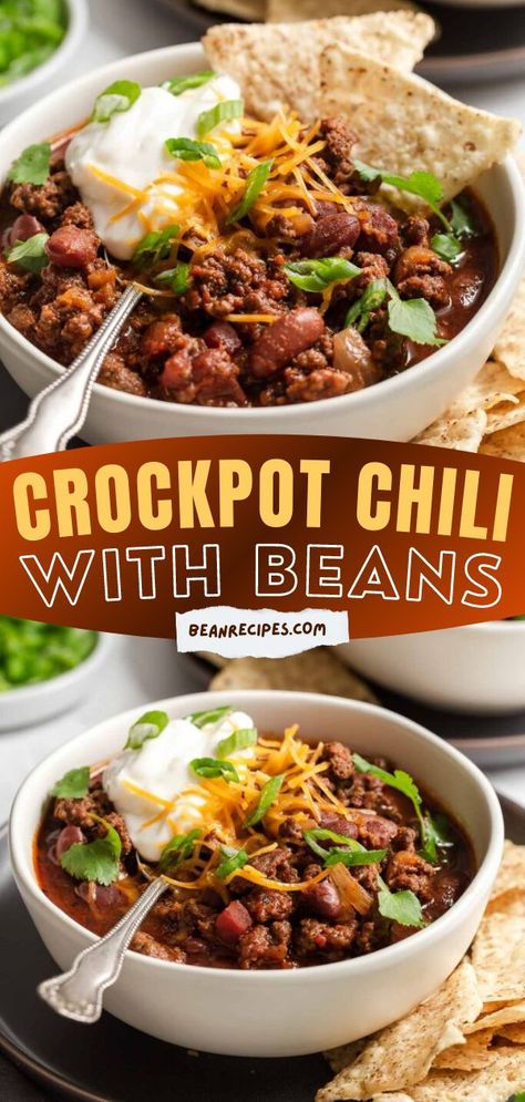 This Crockpot Chili with Beans is a simple dinner idea with the right amount of ground beef, spices and beans. The flavors in this slow cooker recipe is in perfect balance. It's the best dinner recipe for tonight! Chili Recipe With Beans, Different Chili Recipe, Recipe With Beans, Beef Spices, Crockpot Chili Recipe, Easy Bean Recipes, Chili With Beans, Recipes With Kidney Beans, Healthy Main Meals