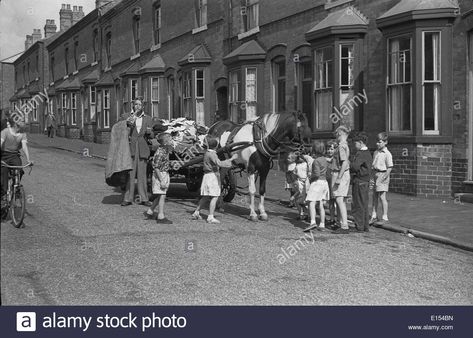 Rag and Bone man with horse and cart surrounded by children in street Birmingham West Midlands Uk 1950s Britain Stock Photo I can't remember a horse but I can't remember a van either! I was too interested in the knick knack I was going to get if mum found something for him! Movies Mystery, Margaret Rutherford, City Of Birmingham, Jane Marple, Miss Marple, Birmingham Uk, Birmingham City, Birmingham England, Newcastle Upon Tyne