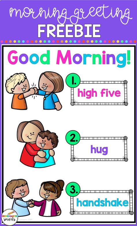 Kindergarten Morning Routine - Kindergarten Smarts Kindergarten Routines, Kindergarten Organization, Morning Work Activities, Preschool Room, Beginning Of Kindergarten, Kindergarten Anchor Charts, Ways To Say Hello, Greeting Poster, School Routine