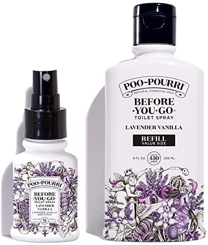 Poo-Pourri Lavender Vanilla 9-Ounce Refill Bottle and 1.4-Ounce Refillable Bottle Lavender Vanilla Poo Spray, Bathroom Spray, Bathroom Odor, Toilet Spray, Lavender Spray, Lavender Vanilla, Bathroom Smells, Room Sprays, Poo Pourri